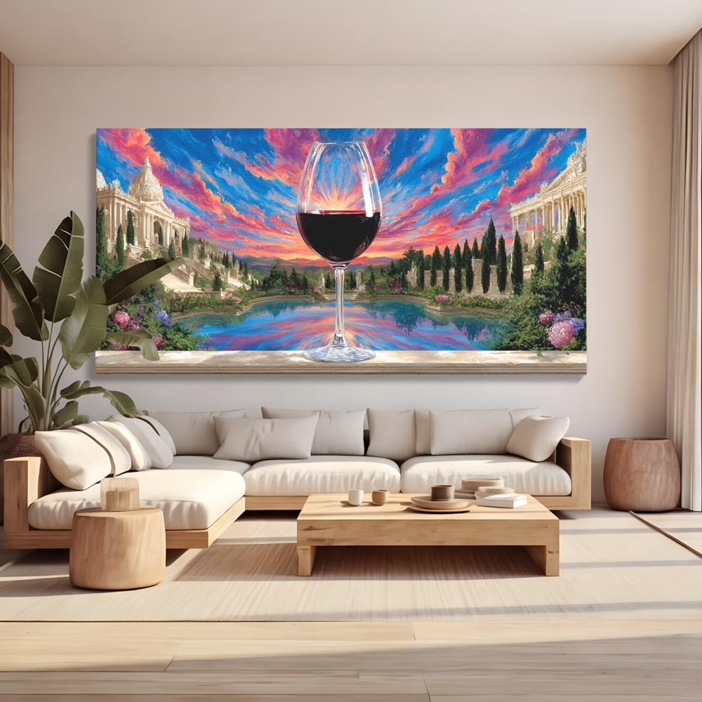 Tablou canvas cu tablou canvas cu pahar de vin si apus, fara rama, pe sasiu de lemn, pe perete intr-un living